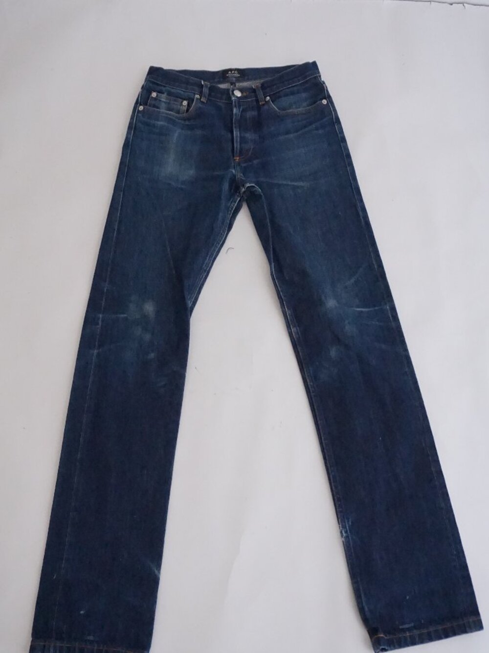 A.P.C. Dark Blue Whiskered Faded Wash Button Fly Straight Leg Jeans 29